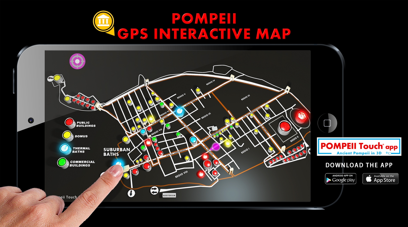 Una mappa interattiva di Pompei nell'app Pompeii Touch