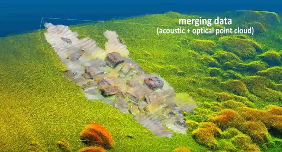 Nuvola di punti di ambiente sommerso realizzata con tecniche acustiche e ottiche integrate.
