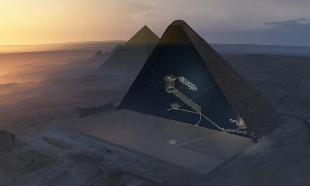 Vista aerea 3D della Grande Piramide di Cheope, che mostre le camere e i corridoi, così come la nuova cavità individuata.
