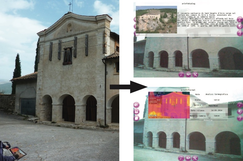 In figura un sistema sperimentale in cui l’utente indossa gli occhiali 3D ed è in grado di vedere tutte le informazioni correlate all’edificio storico attraverso gli occhiali e può interagire con l’applicazione utilizzando uno smartphone per cambiare le tipologie di dato da visualizzare.