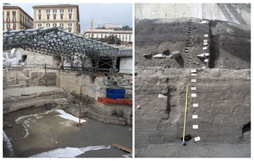 Il sito degli scavi archeologici dell'antico porto di Napoli si trova di fronte alla piazza municipale e a pochi metri sotto l'attuale livello del mare. A destra: un esempio di sezione stratigrafica campionata in questo studio. Si compone di vasi portuari le cui composizioni isotopiche rivelano la storia romana della città. 